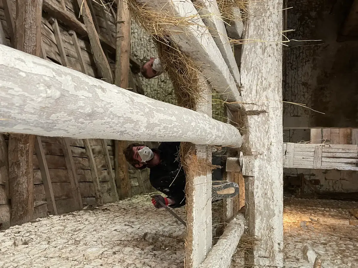 Un compagnon masqué, accroupi derrière les solives blanchies de la grange, dépose le vieux plancher garni de paille.